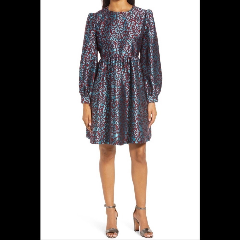 HALOGEN X ATLANTIC-PACIFIC Leopard Print Brocade Teal Maroon Dress Sz Small NEW